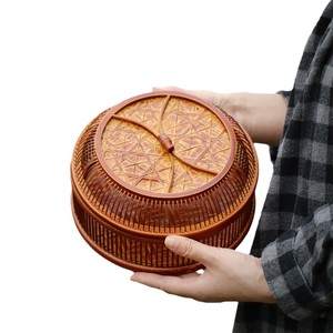 <b>Bamboo</b> Woven Covered Fruit Basket Round Handmade Food <b>Container</b> Kitchen Storage Basket Single Tier - Product Image 5