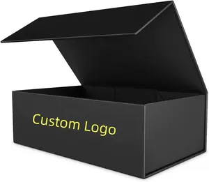 Caixa de presente de papelão rígido dobrado com logotipo em relevo de folha de ouro personalizada de luxo caixa magnética preta para presentes de casamento