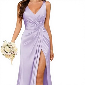 Vestido de Noche Elegante de Satén con Cuello en V, Ajustado, sin Mangas, Antiestático, con Abertura Alta, Ideal para Damas de Honor y Fiestas de Gala - Product Image 3
