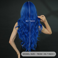 Wig rambut panjang keriting gaya natural warna biru tua ala selebgram, rambut sintetis tahan panas tinggi, dapat di-Perm.