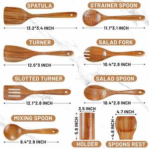Coffret Cadeau de 9 Ustensiles de Cuisine en Bois de Teck Naturel avec Repose-Cuillère, Spatule, Fourchette à Salade et Cuillère en Bois – Compatible Lave-Vaisselle - Product Image 2