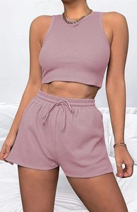 เสื้อกั๊กวาฟเฟิลแขนกุดสำหรับฤดูร้อน ชุดเซ็<span class=keywords><strong>ต</strong></span>สองชิ้นแบบครอปสั้นทันสมัยและลำลองสำหรับผู้หญิง - Product Image 4