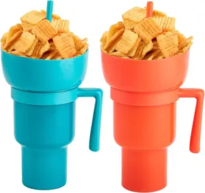 Hot Sale Food Grade Colorful Popcorn Cola Available 1000 ml Silicone Snacks And Drink Cup With Straw For Watching Movies