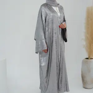 Hot Selling Bescheiden Islamitische Kleding Vrouwen Effen Kleur Glanzend Open Abaya Voor Moslim Vrouwen