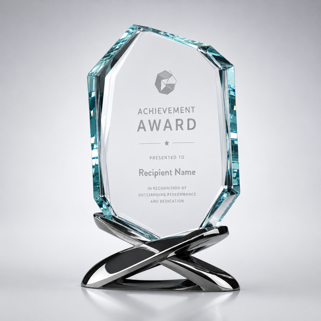 Custom Clear Crystal Award Trophy Plaque with Modern Metal Base Personalized Engraved Corporate Recognition Gift