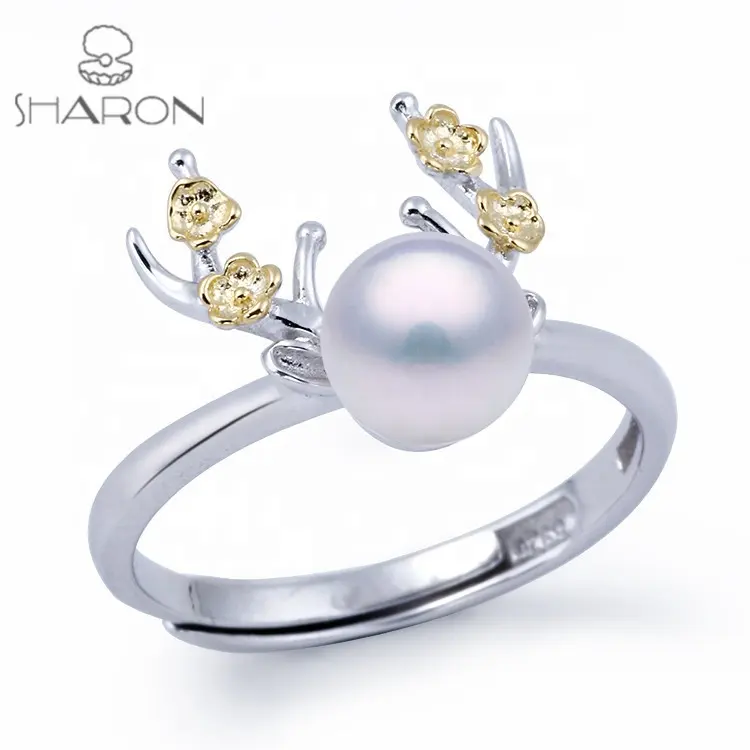 Beautiful Cute Sika Deer Animal Sterling Silver Freshwater Pearl Ring Jewelry