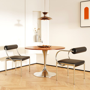 Mid-century Designer Vintage-style Stainless Steel Dining <b>Chair</b> with Leather Upholstery and Soft Padding for <b>Study</b> Bedroom Use - Product Image 2