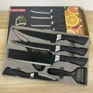 Juego de cuchillos de seis piezas ondulado negro Juego de cuchillos de cocina de acero inoxidable 238A Caja de color de comercio exterior Caja de regalo