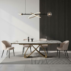 Ensemble de <span class=keywords><strong>table</strong></span> à manger extensible 6 places, style nordique moderne, plateau en pierre frittée, base dorée - Product Image 3