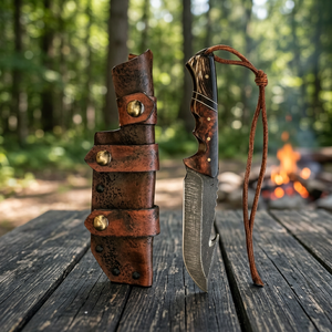 Cuchillo de caza hecho a mano de acero inoxidable con hoja recta y punta caída, mango de palisandro y cuerno, funda de cuero personalizable OEM/ODM - Product Image 1