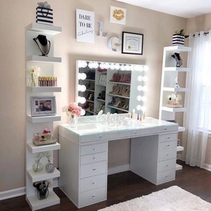 White Glossy Paint Makeup <strong>Vanity</strong> Table <strong>with</strong> LED <strong>Lighted</strong> <strong>Mirror</strong>, Drawers and Shelves for Bedroom Storage - Product Image 4