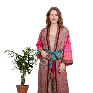 Kimono en soie imprimé bloc réversible fait à la main pour femmes robe de nuit de Style japonais pour l'automne Boho couverture maison fête été ensemble - Product Image 1