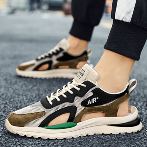 Sandales plates d'été pour hommes avec lacets, semelle souple en maille beige, pour adolescents, décontractées, sportives, pour la conduite et la plage - Product Image 4