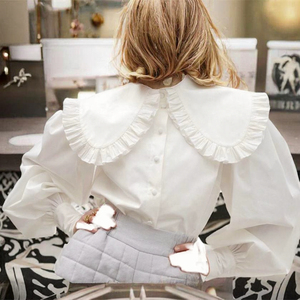 Chemise en coton blanc pour femme, col Peter Pan, volants, manches bouffantes, boutonnée, style doux, coupe classique, toutes saisons - Product Image 3
