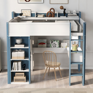 Lit mezzanine blanc avec bureau et étagère de rangement, lit multifonctionnel pour chambre à coucher, bureau, adapté aux enfants, adultes et personnes âgées - Product Image 1