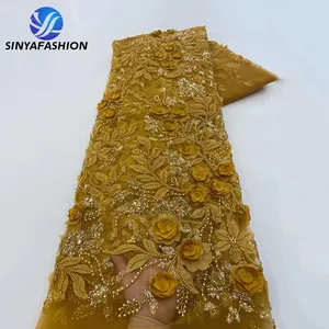African 3D Lace Fabric with Embroidery Lace Applique Bridal Heavy Beaded Lace Fabric Gold Luxury Pearls Nigerian Wedding Sequins