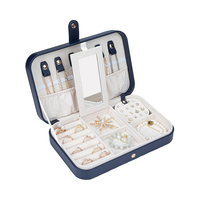 Étui de voyage pour bijoux bleu marine avec boutons-pression, miroir, sangles pour colliers, emplacements pour bagues, porte-cartes pour boucles d'oreilles, intérieur en velours, boîte cadeau
