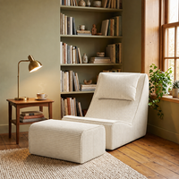 Chaise longue inclinable en velours côtelé ivoire à une place avec ottoman, ensemble compact pour salon et petit appartement