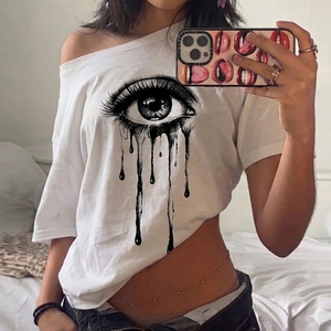 Wholesale Women Summer <b>Y2K</b> Vintage Abstract Eye Eyelash Print One Shoulder Loose T <b>Shirt</b> - Product Image 2
