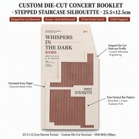 Özel Tasarım Kademeli Kesimli Sanat Kağıdı Konser Kitapçığı Baskısı Saddle Stitch Program Broşürü Krem Tuğla Kırmızısı 255x125mm OEM