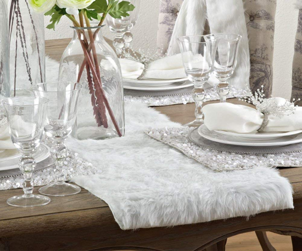 Modern Christmas Snowy White Faux Fur Table Runner for Elegant Table  Decorations