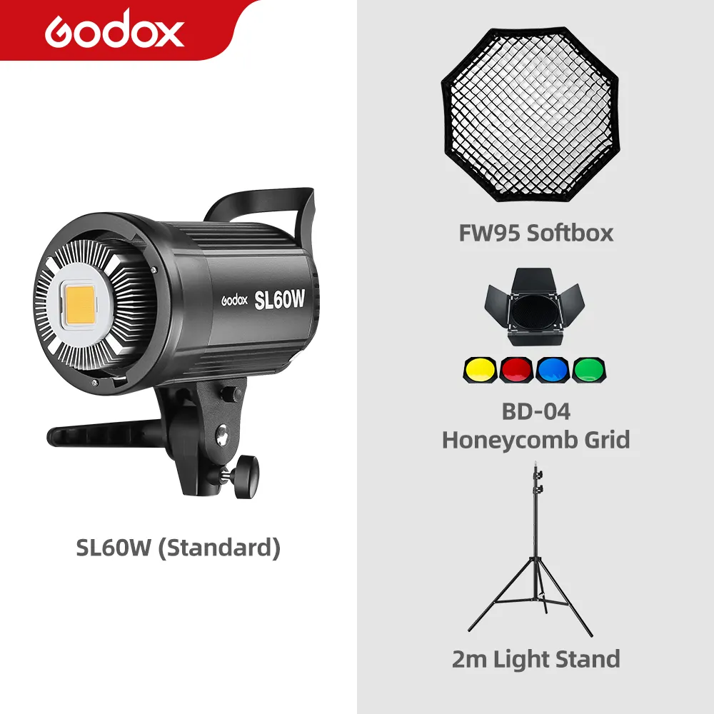 Bộ Đèn LED Video Godox SL60W, Đèn Trắng Phiên Bản Liên Tục + Đế Đèn + Bộ Thiết Bị Chụp Ảnh Tản Sáng FW95 Bowens