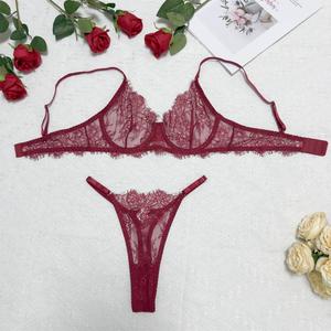 Ensemble de lingerie rouge en dentelle pour femme, soutien-gorge push-up à armatures et culotte, semi-transparent, style français, lingerie féminine OEM ODM - Product Image 5