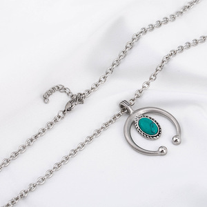 Geometric Turquoise Necklace <b>Titanium</b> Steel Circle Pendant Men's Ethnic Style Jewelry Fashion Beaded Necklaces - Product Image 2