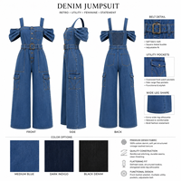 Combinaison en jean skinny taille haute pour femme, style streetwear décontracté, avec ceinture et poches cargo utilitaires, 100% coton, tendance, une pièce boutonnée