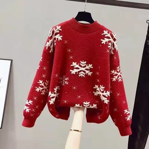 9901 #    Pull en tricot <span class=keywords><strong>de</strong></span> Noël à imprimé neige pour <span class=keywords><strong>femme</strong></span>, style décontracté automne-hiver, rouge et noir - Product Image 1