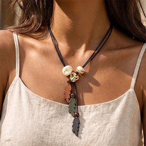 Double Black Leather Cord Necklace Multi Color Wooden Leaf Tassel Pendant White Irregular Beads Women Boho Vacation Neck Jewelry - Product Image 2