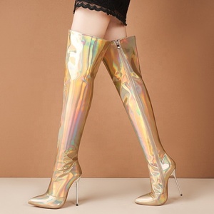 Bottes imperméables réfléchissantes à talons aiguilles pour femmes, bottes fines à talon haut au-dessus du genou, bottes longues et élégantes, grandes tailles 45 - Product Image 6