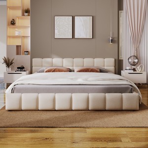 Modern Queen Size <strong>Beige</strong> Upholstered Bedroom Bed Frame with Checkerboard Design - Product Image 2