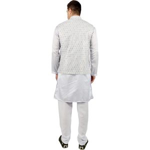 <b>Men's</b> White Wrinkle Free Cotton <b>Kurta</b> <b>Pajama</b> with Waiscoat 3 in 1 Set Ethnic Indian Traditional Summer Wear <b>for</b> Diwali Puja - Product Image 5