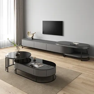 Tv stand cabinet coffee table with metal frame black glass for living room