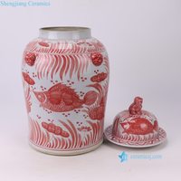 Grand vase en porcelaine rouge corail de style chinoiserie RZPI115-A, pot à gingembre en céramique de style antique avec carpes koï pour salon