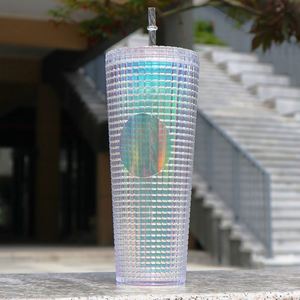 Double Wall Acrylic Water Bottle 710Ml Large Capacity Rainbow Laser <b>Cup</b> <b>Plastic</b> Party Tumbler With Straw - Product Image 2