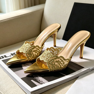 Mules in Pizzo Viola da Donna con Punta Affusolata e <span class=keywords><strong>Tacco</strong></span> Alto, Eleganti Ciabatte Floreali in Rete Lavanda, Sexy <span class=keywords><strong>Scarpe</strong></span> Slip-on con <span class=keywords><strong>Tacco</strong></span> a Spillo per Abiti Eleganti - Product Image 5
