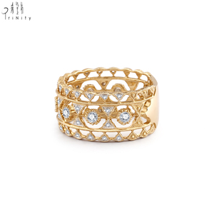 18K Solid <b>Gold</b> Natural Diamond Wide Band <b>Ring</b> Vintage Floral Filigree Openwork Pavé <b>Set</b> Fine Jewelry OEM ODM Manufacturer - Product Image 4