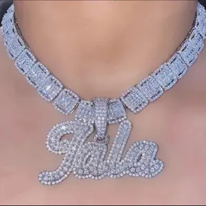 IG Beliebte Hip Hop Man Schmuck Benutzer definierte Pinsel Kursiv buchstabe Zweifarbige Namens kette Personal isierte Diamant Damen kette für Rapper