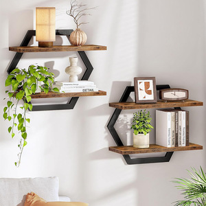 Paquete de 2 Estantes de Pared Hexagonales de Madera y Metal, Estantes Flotantes para Decoración de Pared para Dormitorio, Sala de Estar, Jarrones, Soporte para Plantas - Product Image 6