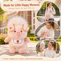 Peluche Cochon avec Bavoir Fraise et Cheveux Moelleux, Sac à Dos en Peluche Douce Pêche