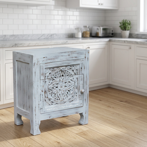 Table de chevet moderne en bois massif sculpté à la main, finition blanchie, avec 1 tiroir et 1 porte, durable, pour salon, Jangid Art - Product Image 3