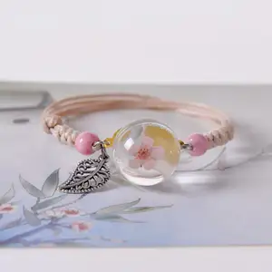 New Design Handmade Braid Adjustable Glass Ball Beads Real Dried Flower Bracelet