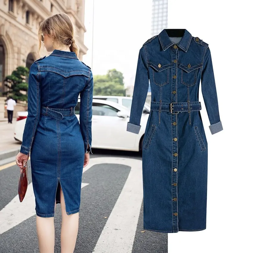 Summer Hot Sale High Quality Jean Girl Casual Denim Dress Plus Size Women Blue Jamsuit With Pocket Dresses