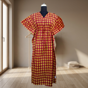 Kaftan Handblock Bagru Print Eco-Friendly Natural Waistline Woven Cotton Fabric <b>Loose</b> Fit Floor-Length Casual <b>Dress</b> for Women - Product Image 2
