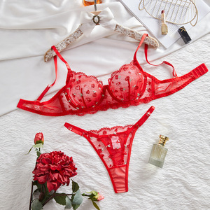Rose & Heart Embroidery Lace Lingerie Set Sexy Sheer Mesh Underwire <b>Bra</b> and Thong Panties Set French Style Underwear Set OEM ODM - Product Image 5