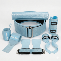 LADYGLOW Ensemble personnalisé bleu pailleté : Genouillères, Ceinture de musculation, Coussinet de barre de haute qualité, Poignées de cross-training, Attelle de poignet