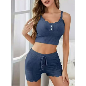 ชุดเซ็ตเสื้อผ้าลำลองสำหรับผู้หญิง สไตล์ฤดูร้อน แบรนด์ซูเจิน ตกแต่งกระดุมอย่างสวยงาม กางเกงขาสั้นแบบมีสายเอี๊ยม สำหรับใส่ที่บ้าน นำเข้าจากประเทศจีน - Product Image 4