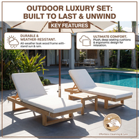 Chaise longue de piscine Easy Clean en teck pour l'extérieur avec dossier réglable et table basse